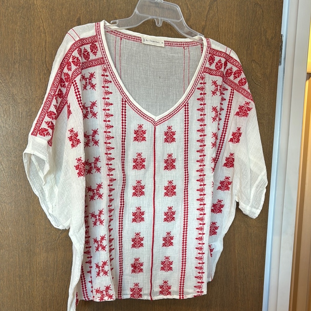 Embroidered White and Red Women's Top